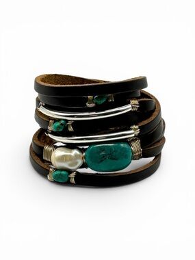 Taylor and Tessier Leather Wrap Bracelet ~Sterling Silver, Pearl, Turquoise 15”